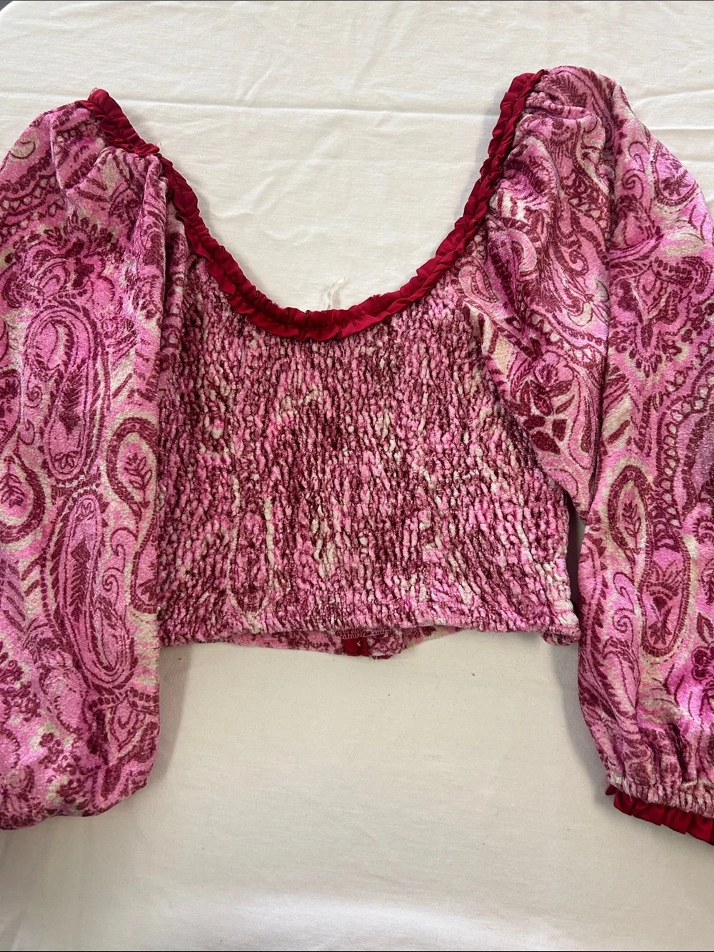 Free People Pink Paisley Puff-Sleeve Smocked Crop Top
